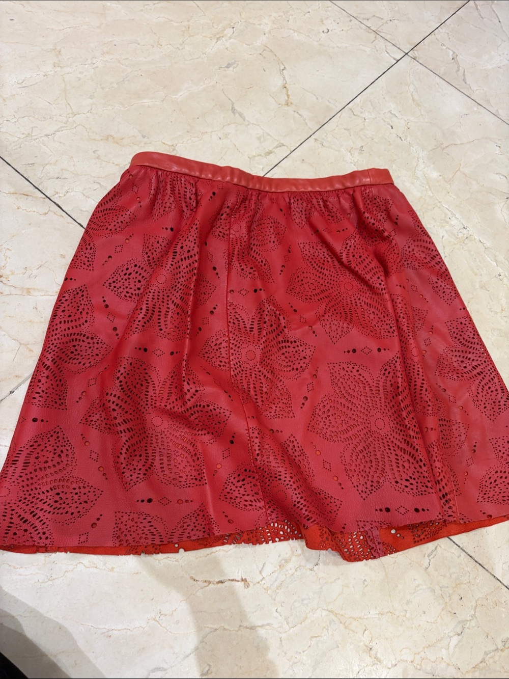 Red Leather Knee Length Skirt